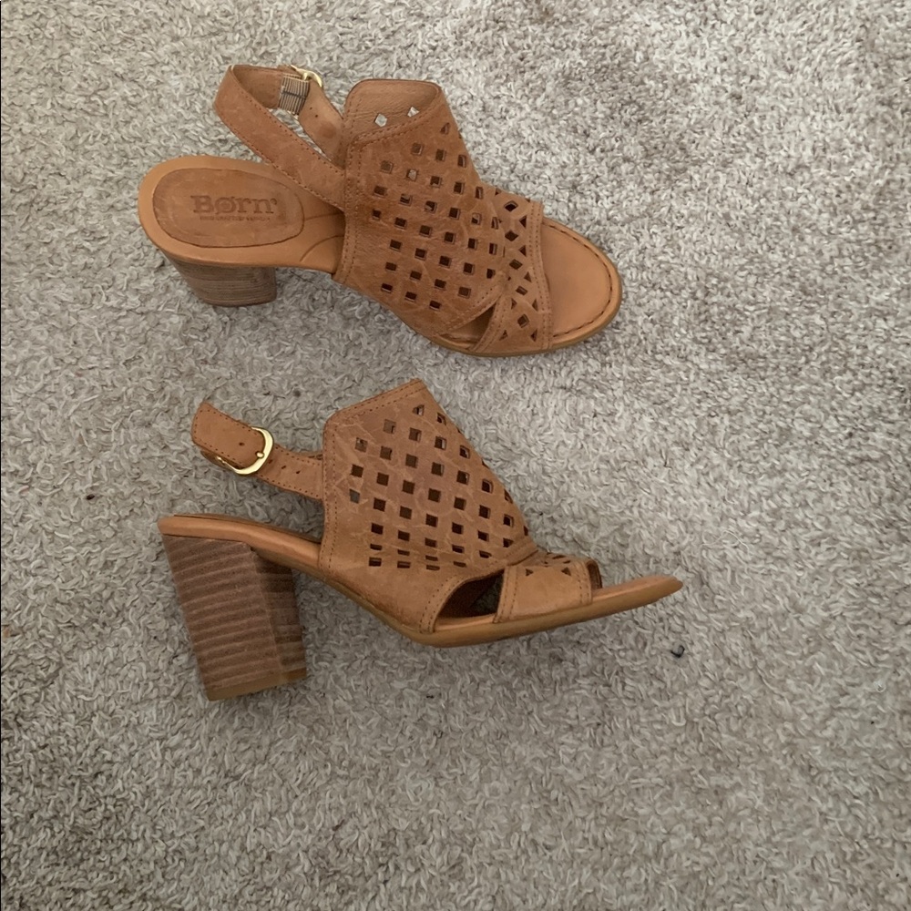 Born Heels Women 7 Tan Leather Cutout Slingback Block Heel Perforated Bootie